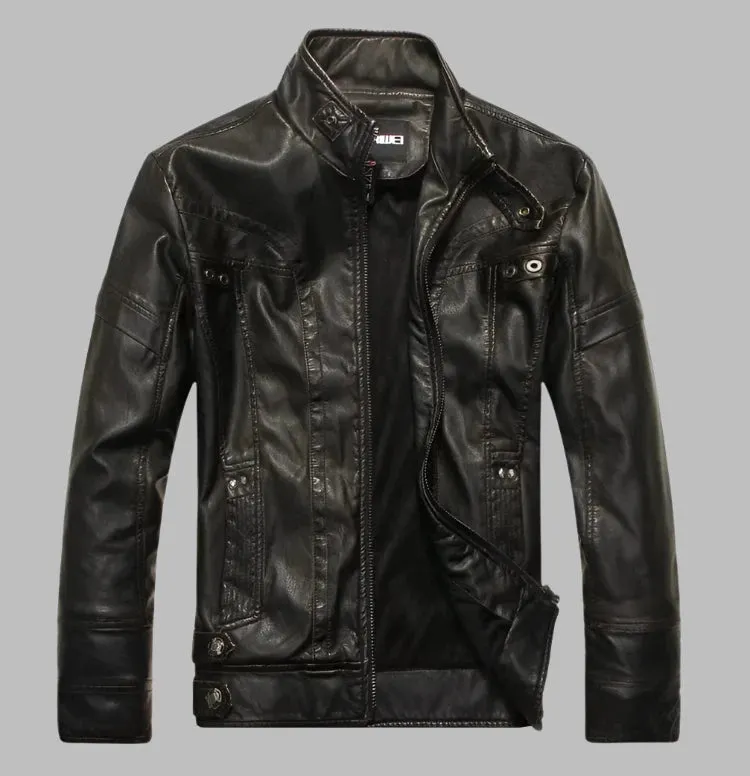 Sleek Standing Collar Short Bicycle Leather Jacket for Men - Fashionable Casual Motorcycle Jacket