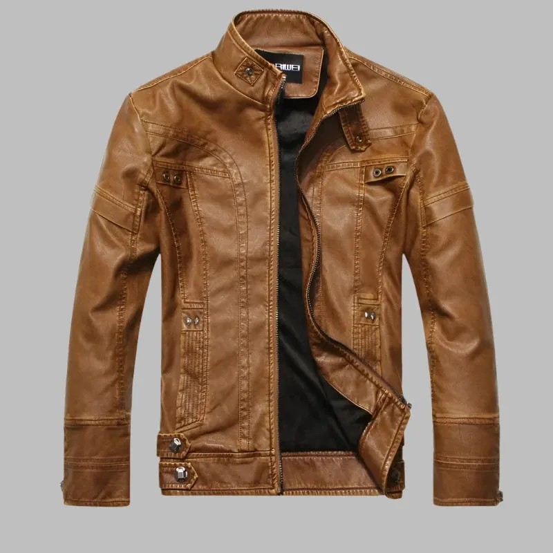 Sleek Standing Collar Short Bicycle Leather Jacket for Men - Fashionable Casual Motorcycle Jacket