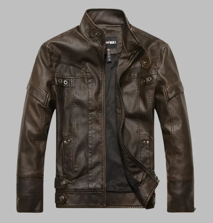 Sleek Standing Collar Short Bicycle Leather Jacket for Men - Fashionable Casual Motorcycle Jacket