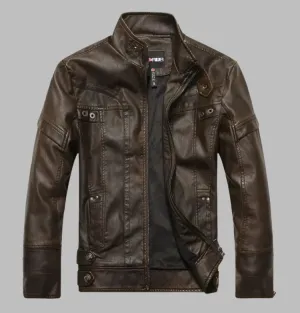 Sleek Standing Collar Short Bicycle Leather Jacket for Men - Fashionable Casual Motorcycle Jacket