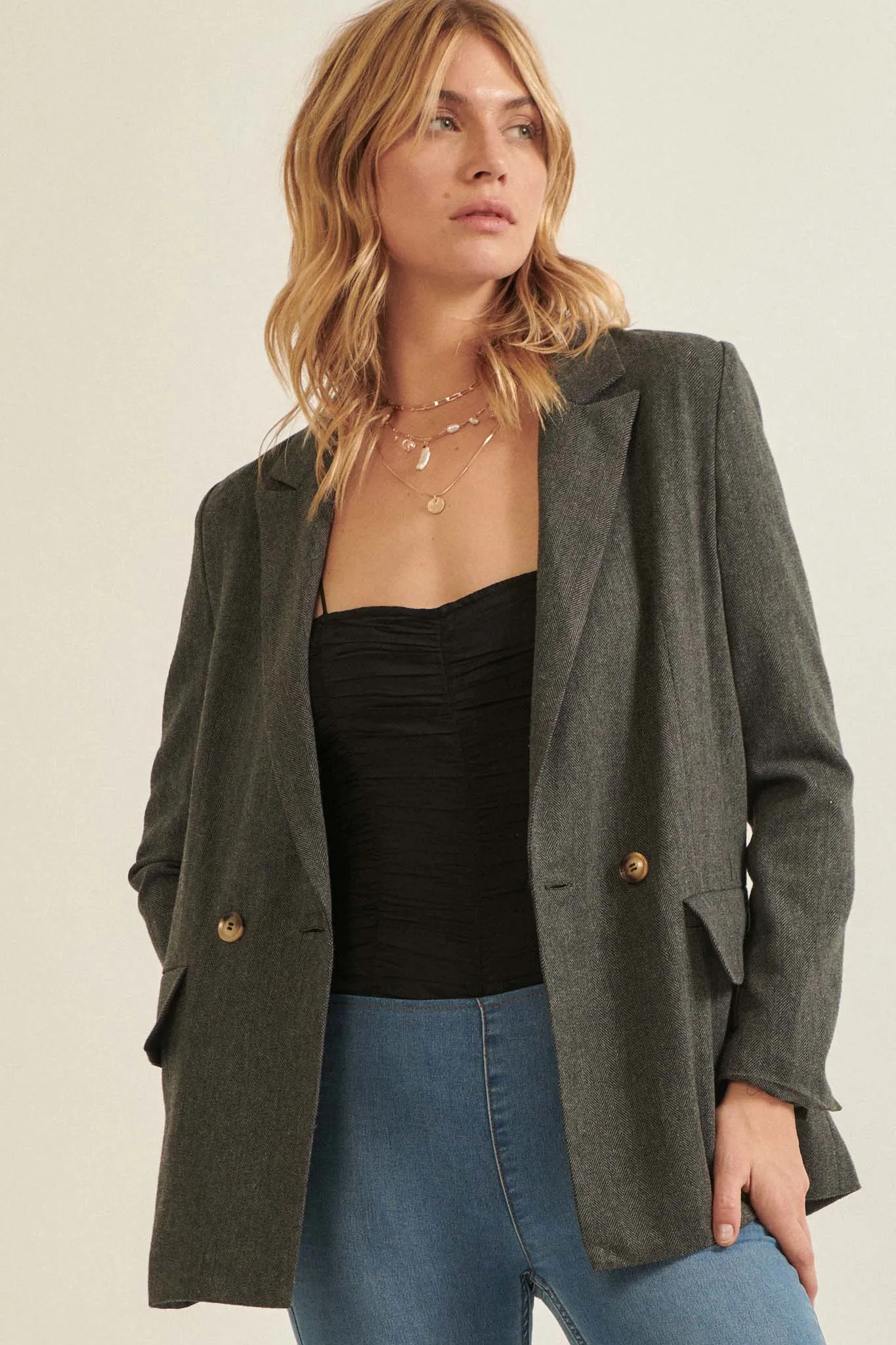Smart Money Herringbone Tweed Blazer