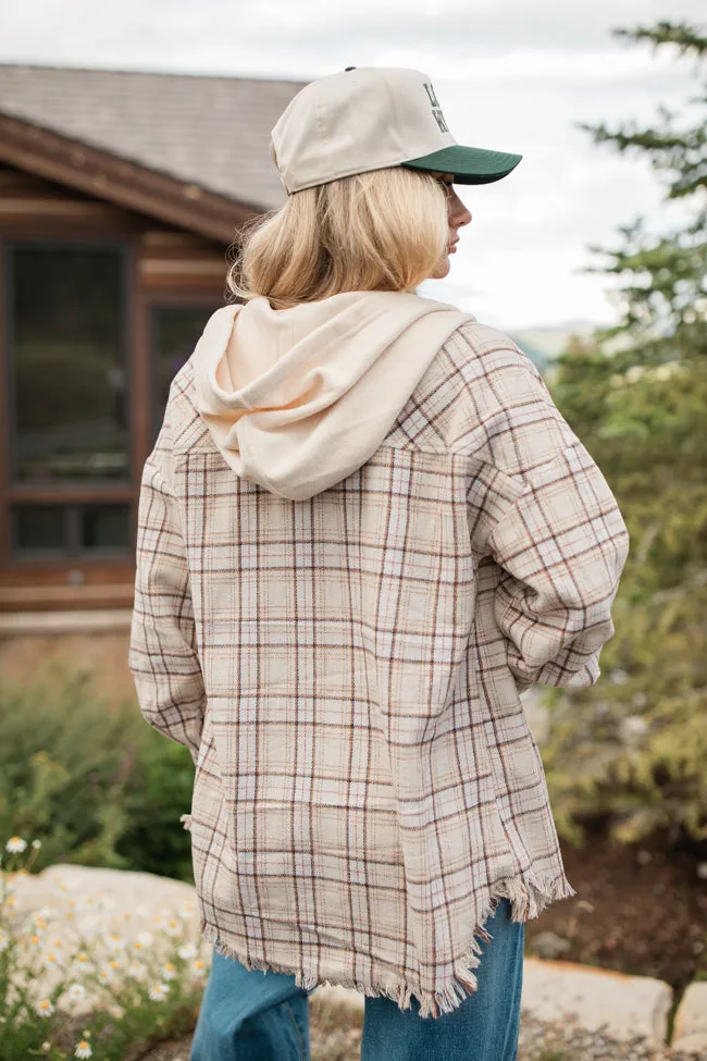 Stay For Awhile Beige Sherpa Hooded Plaid Shacket