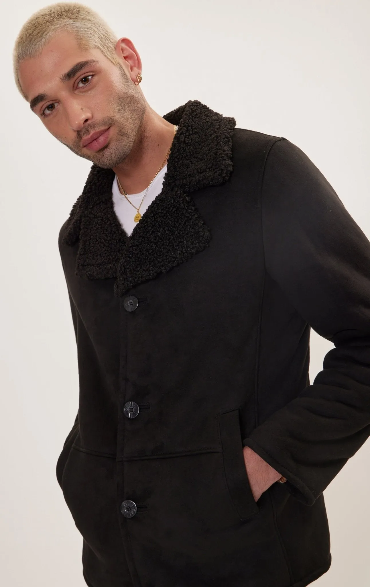 Vegan Shearling Button Closure Jacket - Black