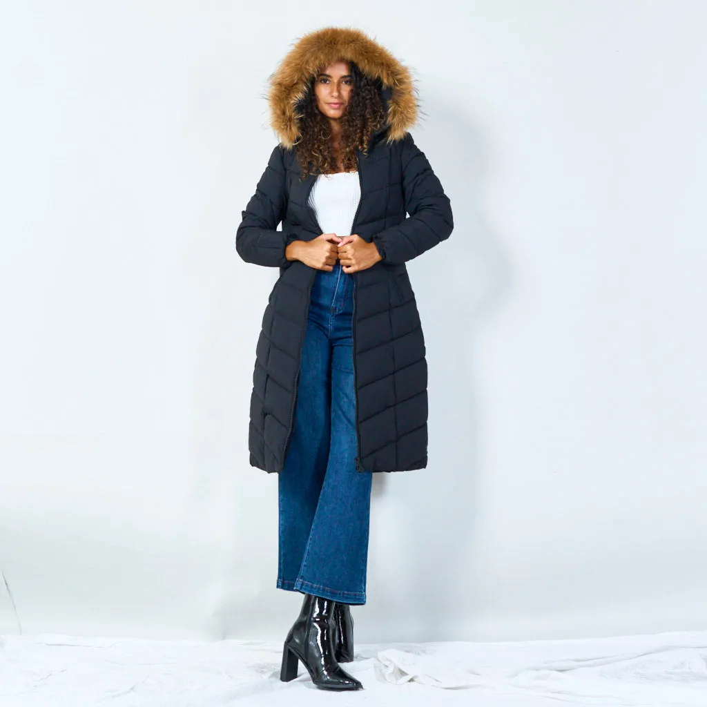 Warm padded coat with fur hood wholesale