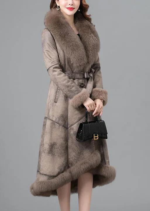 Women Khaki Fur collar Sashes Pockets Patchwork Leather And Fur Parkas In Winter