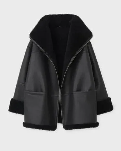 Women's Black Oversized Shearling Leather Jacket