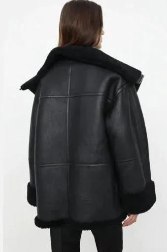 Women's Black Oversized Shearling Leather Jacket