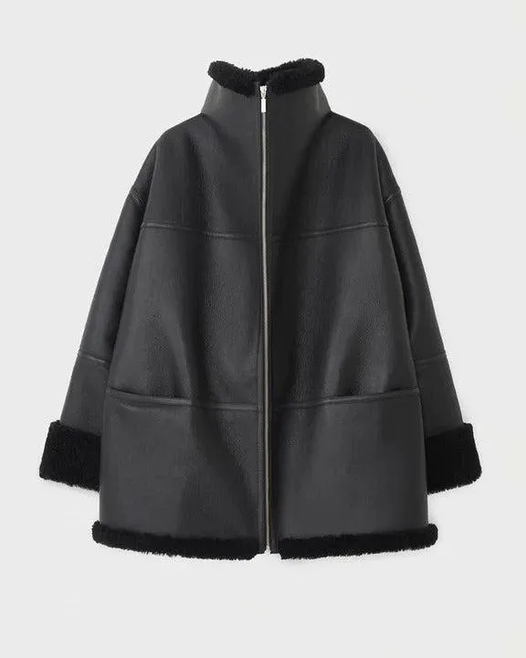 Women's Black Oversized Shearling Leather Jacket