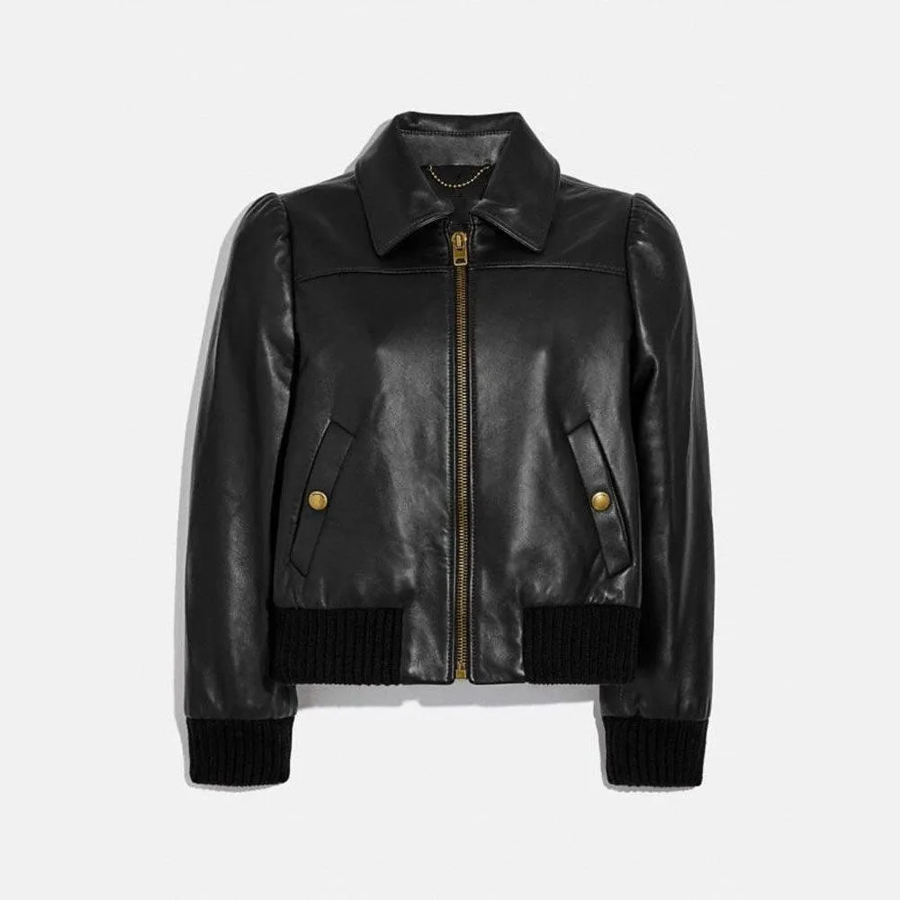 Women's Black Shearling Aviator Leather Bomber Jacket