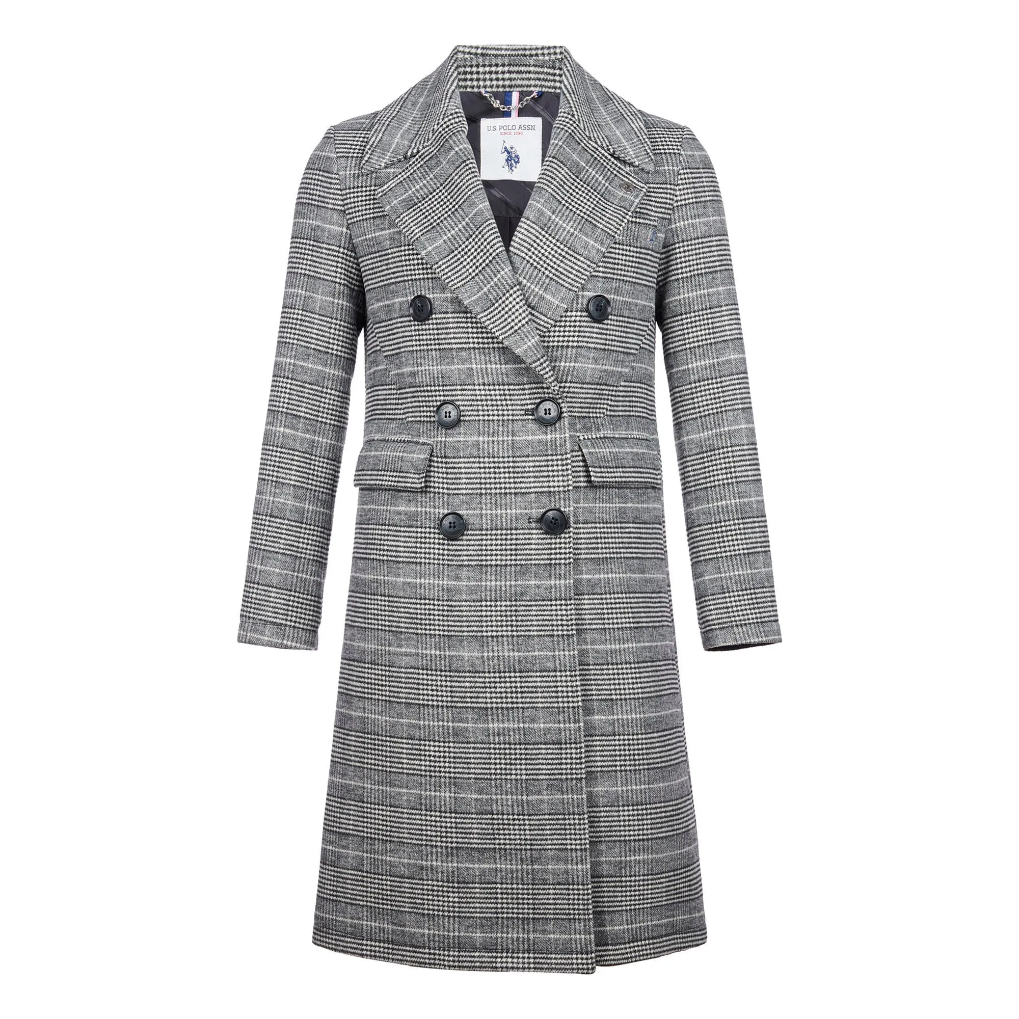 Womens Check Double Breasted Coat in Black