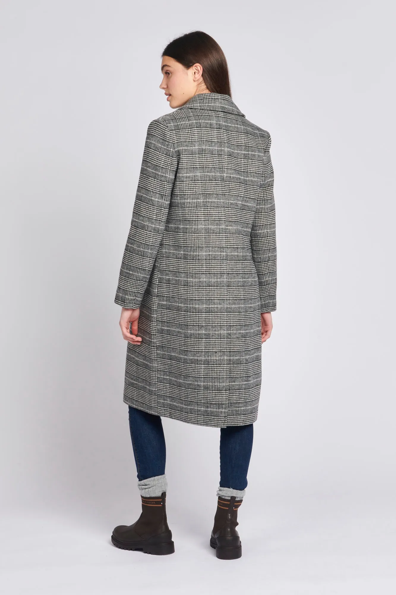 Womens Check Double Breasted Coat in Black