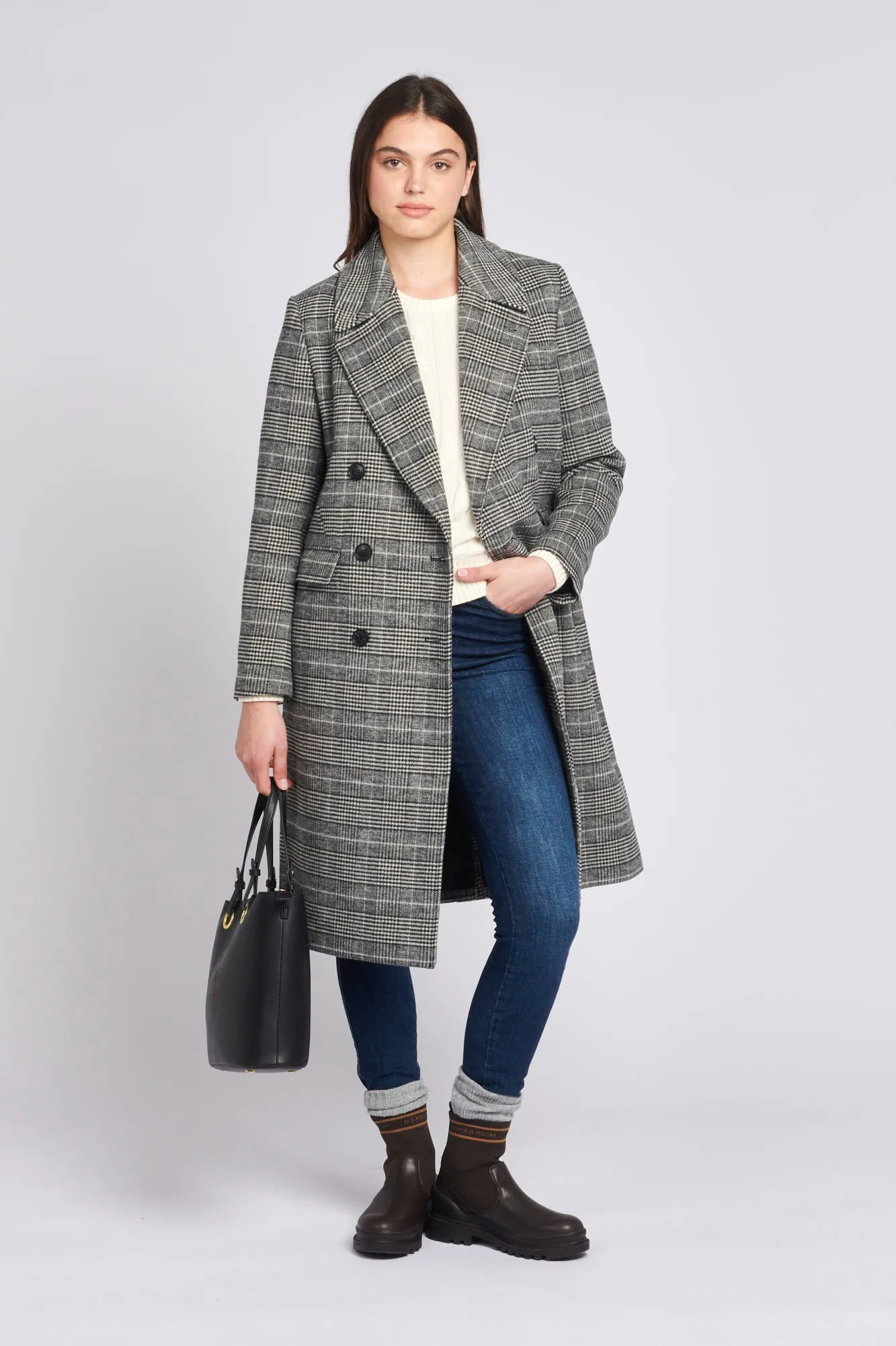 Womens Check Double Breasted Coat in Black