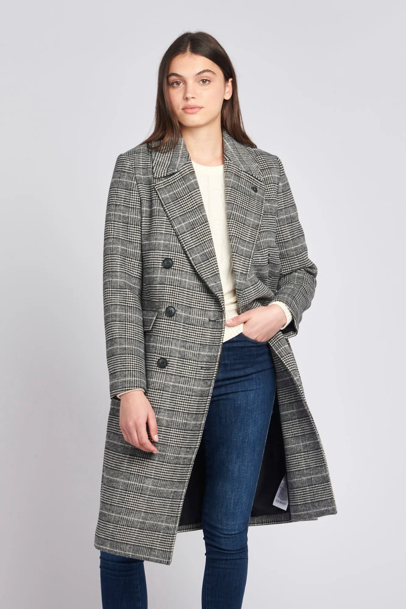 Womens Check Double Breasted Coat in Black