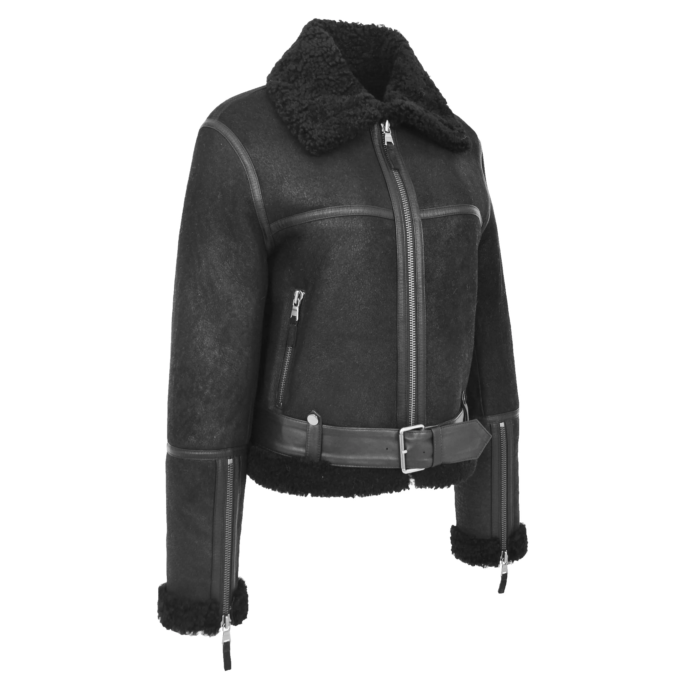 Womens Luxurious Genuine Sheepskin Flying Jacket Real Black Shearling Harriet