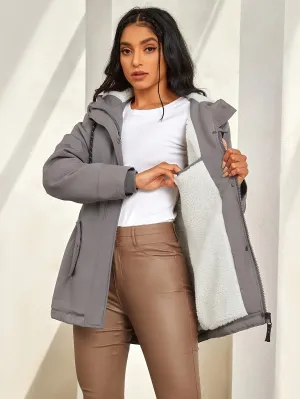 Women’s Luxurious Grey Zip-Up Hooded Faux Fur Lined Coat | Ideal for Autumn/Winter