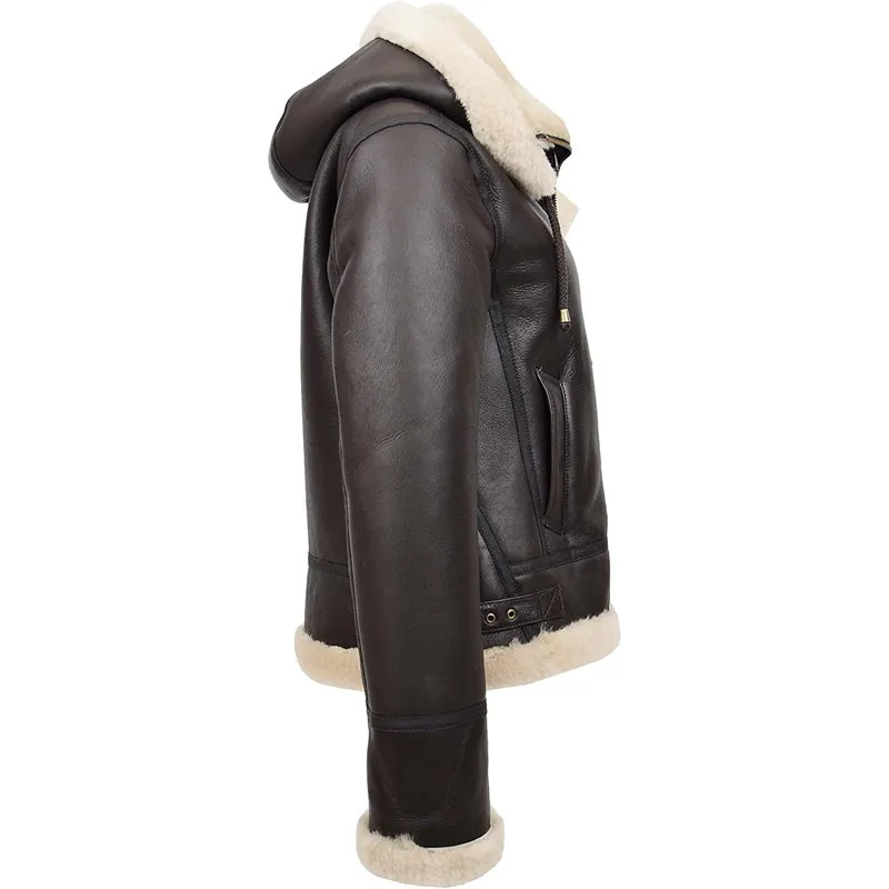 Womens Real Sheepskin Flying Jacket Brown Hooded Shearling B3 Pilot Aviator Coat