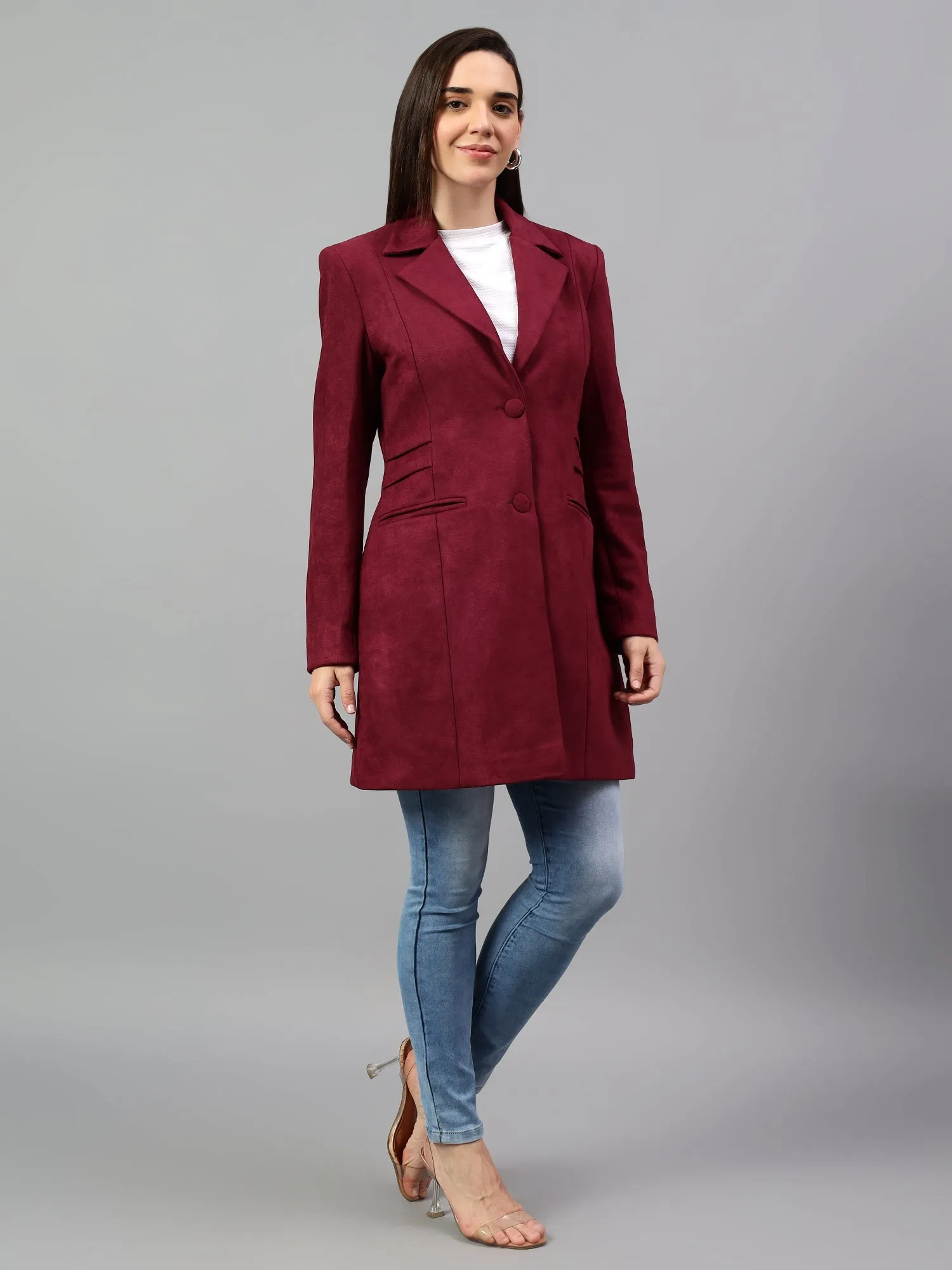 Women's Wine Solid Full Sleeves Winter Long Coat