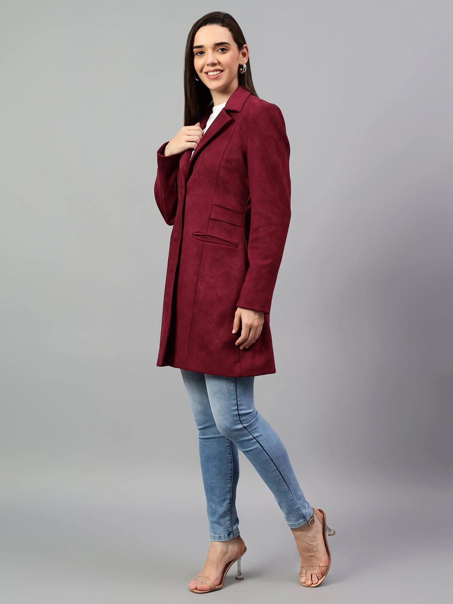 Women's Wine Solid Full Sleeves Winter Long Coat