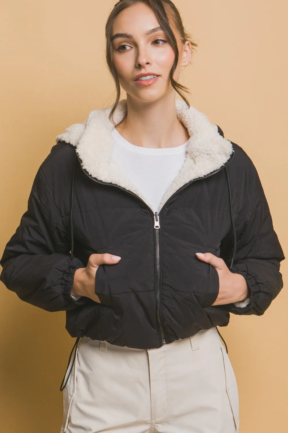 Zip Up Cropped Hooded Sherpa Reversible Jacket